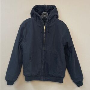 Vntg Dunbrooke duck cloth zipper hooded work coat quilt lining navy MM